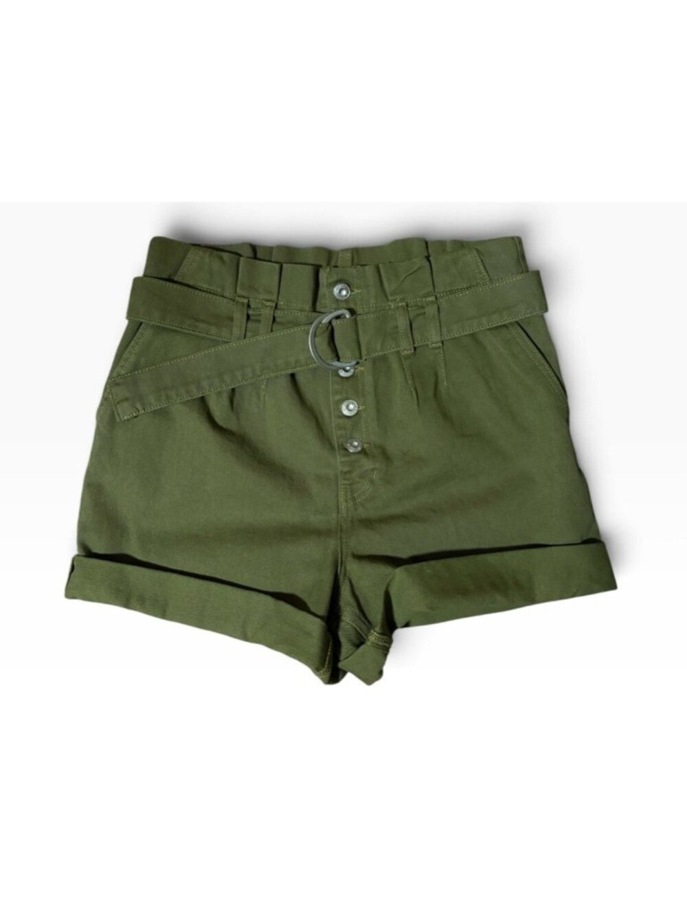-FREE PEOPLE Cindy Utility Shorts Womens Size 4 Green Belted Paper Bag Waist